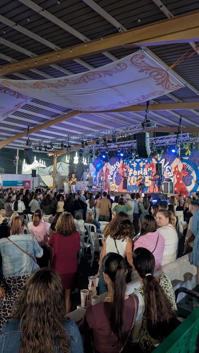 Feria de San Pedro 2025, 15 oct — concierto en directo con público frente al escenario de la caseta municipal, música y luces.